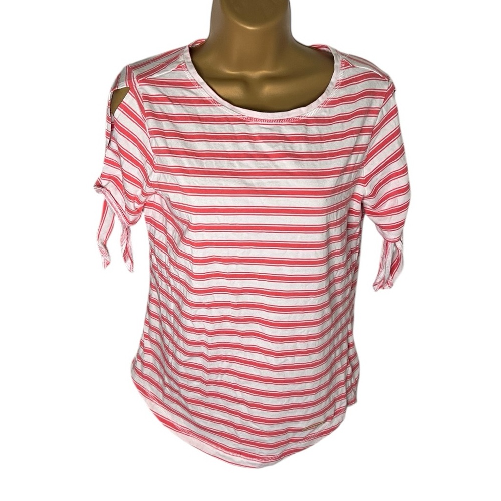 Jones New York Signature Tie Sleeve Striped Tee Pink Coral White Small